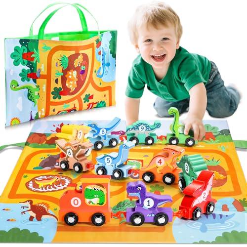 Anginne Trenino di Legno con Dinosauri con Tappetino da Gioco e Portaoggetti 2 in 1 - Giochi Bambini 1 2 3 Anni Regalo Bambino 1 Anno Maschio Gioco Bambino 1-4 Anni - Giocattoli Dinosauri per Bambini