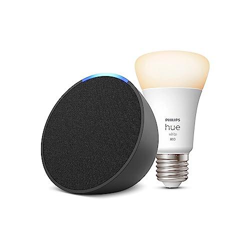 Echo Pop | Antracite + Philips Hue White Lampadina LED Smart (E27), compatibile con Alexa - Kit di base per Casa Intelligente