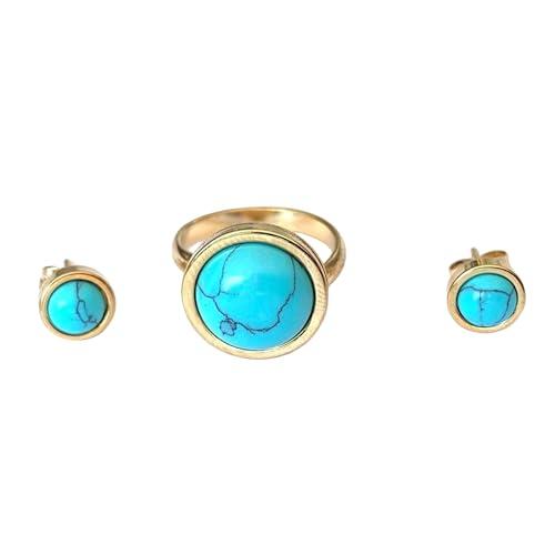 Set di Anelli e Orecchini Turchese Placcato Oro 14K - Amuleto di Protezione Naturale