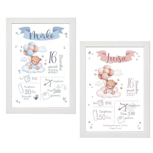 Quadro Nascita Personalizzato Orsetto Azzurro/Rosa 21x30 cm