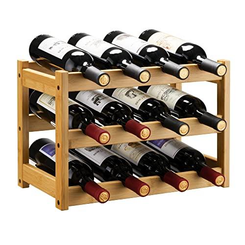 VASMIA Portabottiglie di Vino in Bambù Naturale (3 Livelli - 12 Bottiglie)