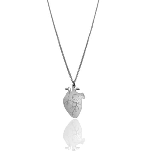 Collana in Acciaio con Ciondolo Cuore Anatomico Personalizzabile: Porta il Tuo Messaggio nel Tuo Cuore - Collana con cuore anatomico da incidere (Piccolo, Argento)