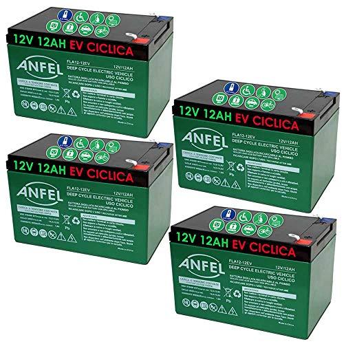 Kit 4 Batterie al Piombo Ricaricabile 12V 12Ah per Biciclette e Veicoli Elettrici