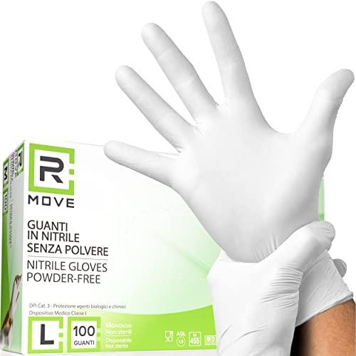 RMOVE 100 Guanti in Nitrile Bianchi Taglia L - Monouso, Senza Polvere e Lattice