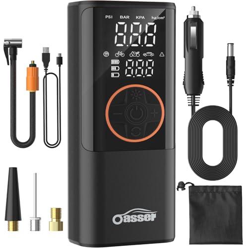 Oasser Compressore Aria Portatile 150 PSI, 6000mAh, Schermo LCD Doppio, Gonfia Ruote con Cilindro 19mm, Torcia LED, Cavo Accendisigari 3m e Borsa per Auto/Moto/Bici