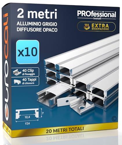 Eurocali 10x Profili in Alluminio Grigio per Strisce LED (20 metri) con Schermatura Opaca