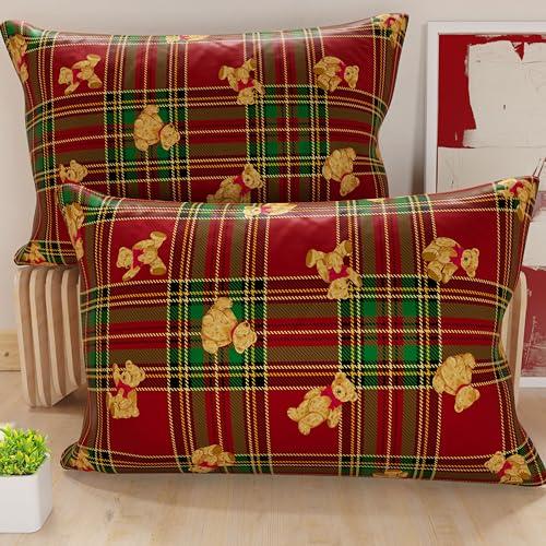 PETTI Artigiani Italiani - Coppia di Federe Natalizie Orsetto Tartan 50x80 cm in Microfibra