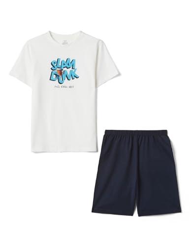 OVS Kids Pigiama Bianco in Puro Cotone con Pantaloncini Blu da Ragazzo