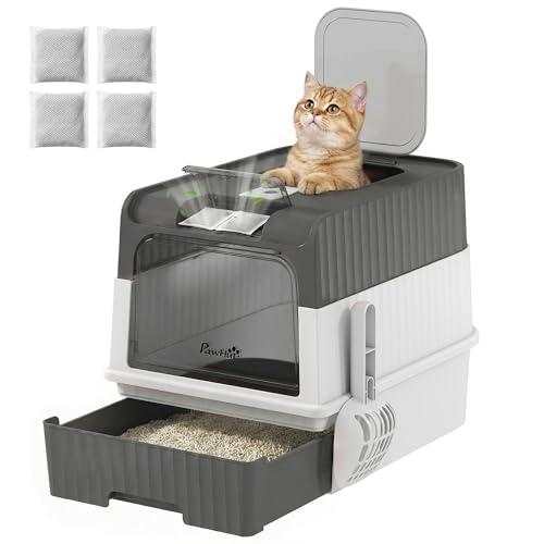 PawHut Lettiera Gatto Chiusa M 48L con Coperchio, Vassoio Estraibile Grigio