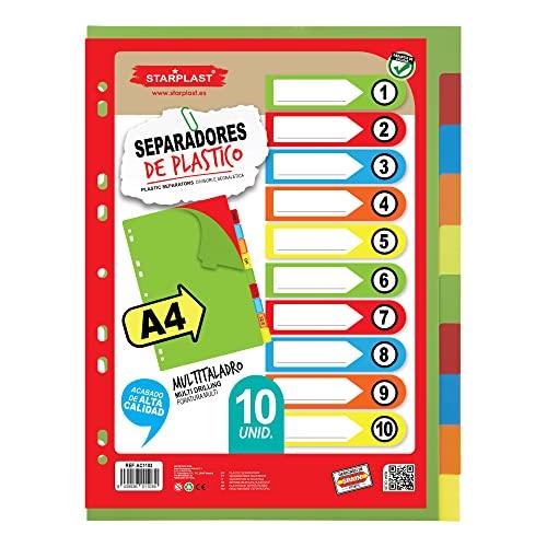 STARPLAST 10 divisori in plastica A4 a 2 o 4 anelli, organizzatori, categorie, scuola o ufficio, multi-perforazione
