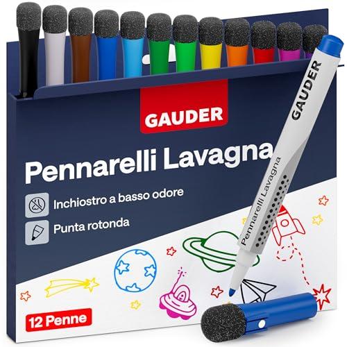 GAUDER Set di Pennarelli per Lavagna Bianca (12 pezzi – 12 colori) | Cancellabili a secco senza residui | Pennarelli cancellabili con spugna, ideali per lavagne bianche e magnetiche.