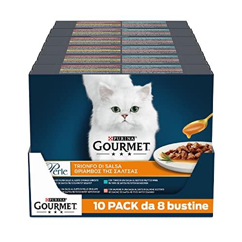 GOURMET Perle Trionfo di Salsa Cibo Umido per Gatti Adulti Bocconcini con Manzo, Pollo, Salmone, Tonno 8 Buste da 85g