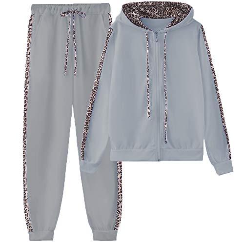 amropi Donna Tuta Sportiva Set Leopardato Maniche Lunghe Felpa con Cappuccio e Jogging Pantaloni (Grigio, XXXL)
