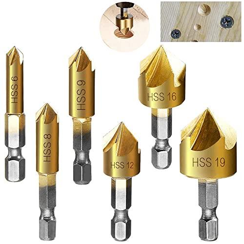 MONZEEN Set di 6 svasatori conici con codolo esagonale e smussatura a 90°, per metallo e legno, con punta svasata, rivestimento in titanio, 6/8/9/12/16/19 mm