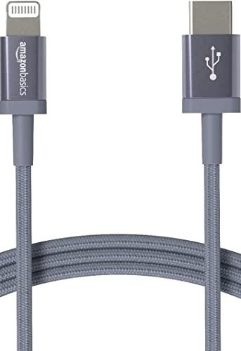 Amazon Basics - Cavo di ricarica USB-C a Lightning, certificato MFi, in nylon intrecciato, per iPhone 13/12/11/X/XS/XR/8, 1.8 m, Grigio scuro