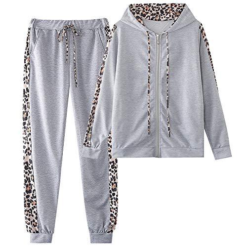 amropi Donna Tuta Sportiva Set Leopardato Maniche Lunghe Felpa con Cappuccio e Jogging Pantaloni (Grigio, 5XL)