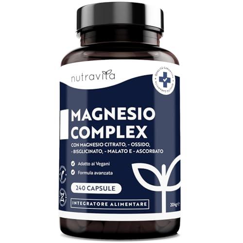 Magnesio Completo 1146 mg – 240 Capsule Vegane Ad Alto Dosaggio - 400 mg di Magnesio Elementare per Dose Giornaliera - a base di 5 Composti Bisglicinato, Citrato, Malato, Ossido, Ascorbato - Nutravita