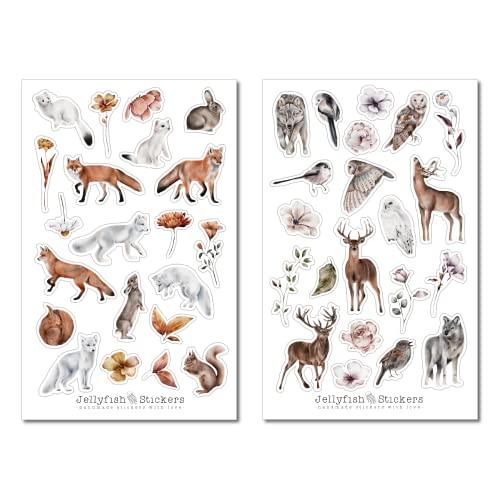 Set di adesivi sugli animali della foresta - Adesivo per diario, adesivo per planner, adesivo, foresta, gufo, uccello, pianta, fiore, cervo, lupo, cervo, volpe, coniglio