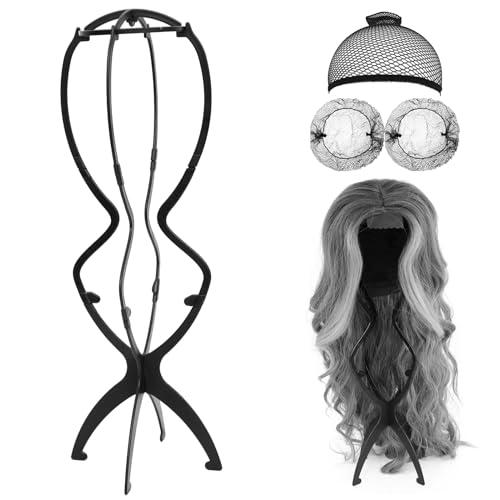 Supporto per Parrucche, 1x Testa di Parrucca con 1x Rete per Parrucche e 2x Rete di Stoccaggio, Supporto per Parrucche, Portatile, 50 cm di Altezza, Altezza Regolabile, Altezza Regolabile - Nero