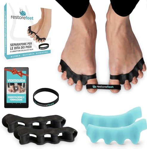 RestoreFeet Separatore Dita Piedi con Fascia Anti Alluce Valgo - 2 Paia (Nero + Azzurro)