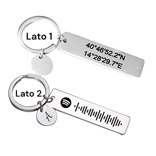 Portachiavi Personalizzato Vero Bijoux Italia con Coordinate Geografiche e Codice Spotify in Acciaio Inox
