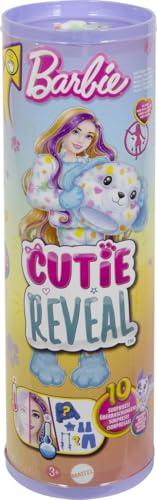 Barbie - Cutie Reveal Serie Color Dream, bambola con costume da dalmata di peluche arcobaleno e 10 accessori a sopresa con effetto cambia colore, giocattolo per bambini, 3+ anni, HRK41