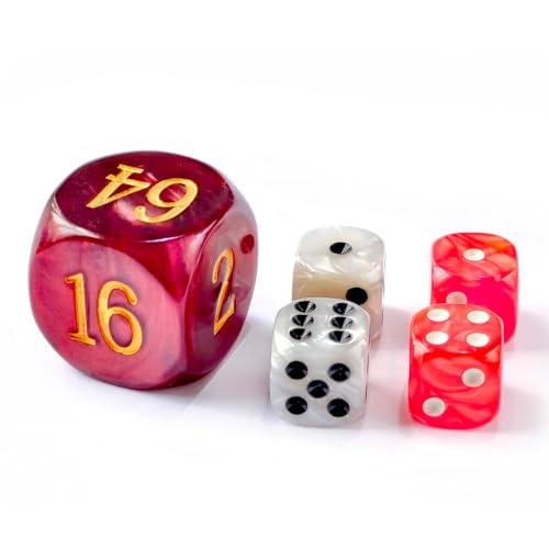 Set di 5 dadi da backgammon da 30 mm, cubi grandi per raddoppiare backgammon da 30 mm, 4 dadi da 16 mm (rosso/bianco marmorizzato)