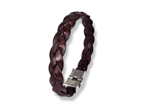 Bracciale da uomo in cuoio intrecciato marrone bruciato con chiusura in acciaio