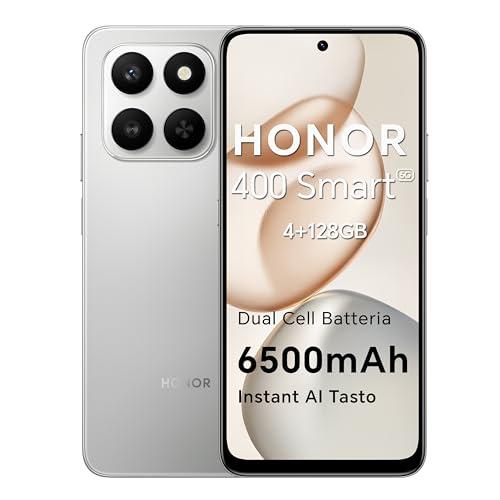 HONOR 400 Smart 5G Smartphone Dual SIM NFC Android 15, 4+128GB, 6500mAh Dual Cell Batteria, Pulsante AI Button, 6.77 Pollici 120 Hz Comfort Display, 5 stelle SGS&IP54, 50MP+2MP, Meteor Sliver