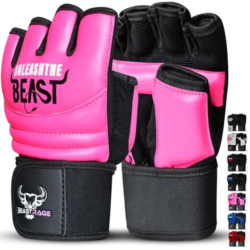 BEAST RAGE Punch Bag Taekwondo Karate Guanti per uomini e donne, Mezzo dito MMA Kickboxing Sparring Arti Marziali Boxe Guanti di formazione - Allenamenti leggeri, Muay Thai (Pink, S)