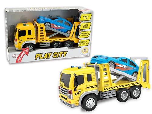 Teorema Giocattoli Bisarca con Auto da Corsa - Camion Giallo 1:16