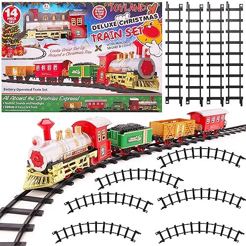 Toyland® Set di Treni di Natale di 14 Pezzi di Lusso con Suono e Luce realistici - Batteria - Traccia da 330 cm - Giocattoli di Natale