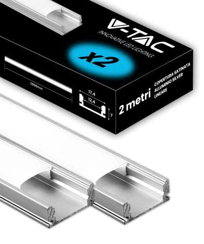 V-TAC 2x Profili per Strisce Led da 2 METRI in Alluminio - (4 Metri Totali) - Profili per Strisce LED con Copertura Opaca - Ingombro massimo Striscia Led 12,4 mm - Dimensioni 17,4 x 7 mm