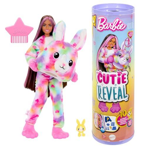 Barbie - Cutie Reveal Serie Color Dream, bambola con costume da coniglio di peluche tye-die e 10 accessori a sopresa con effetto cambia colore, giocattolo per bambini, 3+ anni, HRK38