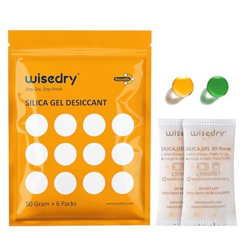 Wisedry 50g x 6 Bustine di Gel di Silice con Indicatore di Umidità Arancione