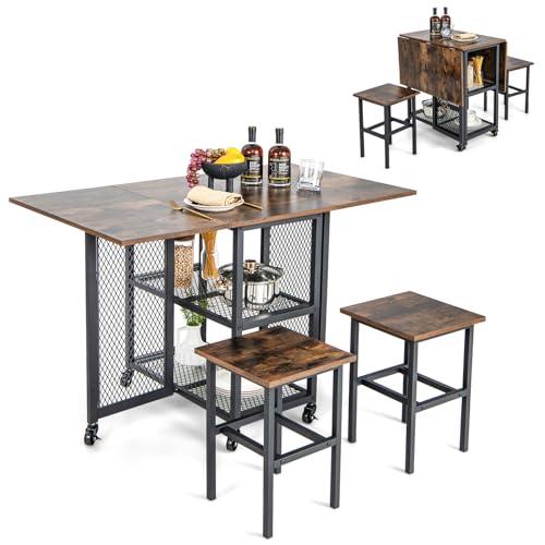 COSTWAY Set Tavolo da Pranzo Pieghevole 3 Pezzi con Sgabelli e Ruote