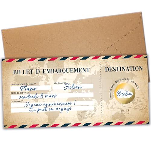 Gratta e vinci da viaggio a sorpresa - Carta d'imbarco personalizzata da regalare - Regalo biglietto aereo per anniversario - In francese - Modello vintage (1 biglietto)
