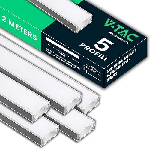 V-TAC 5x Profili in Alluminio per Strisce LED 2 Metri Rettangolari con Copertura Opaca