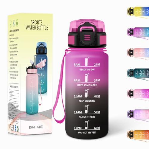 Borraccia Motivazionale con Indicatore Orario e Cannuccia - 500ml, Porpora Rossastra & Nero