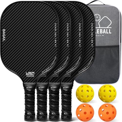 BAGAIL Set di racchette da pickleball, 2/4 racchette con 4 palline, leggere - Elevato assorbimento degli urti - Ergonomiche, adatte per partite indoor e outdoor, Nero