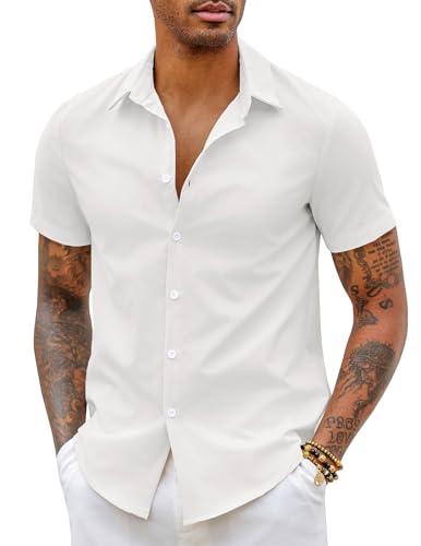 COOFANDY Camicia Uomo Manica Corta Estate Elasticizzata Slim Fit Camicia Casual Easy-Iron Camicie Business Elegante Tinta Unita S-5XL Bianco L