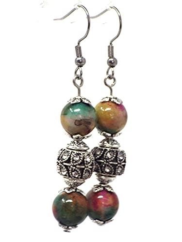 Orecchini in acciaio con perle di giada naturale rosso verde e bianco, e perline con cristalli
