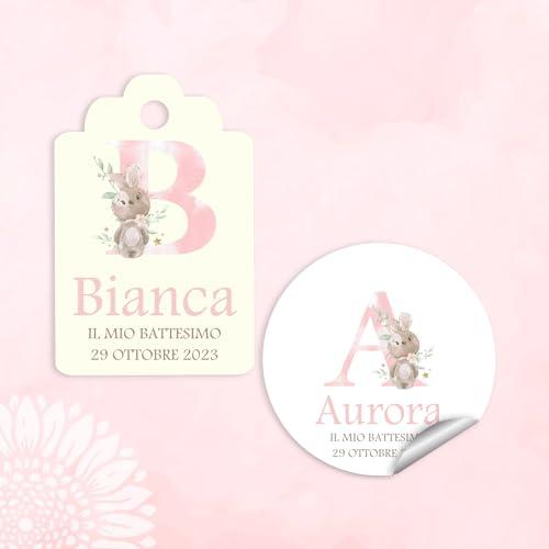 10 pezzi Cartellini o Adesivi per bomboniere personalizzati, CONIGLIO, coniglietto, bambina, etichette, battesimo, comunione, nascita (BNN-01)