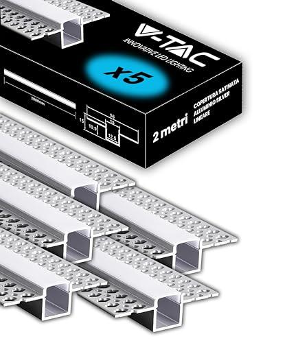 V-TAC 5x Profili LED a Scomparsa 2 Metri (10m Totali) - Incasso Parete/Soffitto Argento