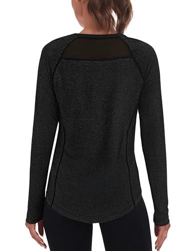 Wayleb T-Shirt Donna Fitness Manica Lunga Nero con Schiena in Rete
