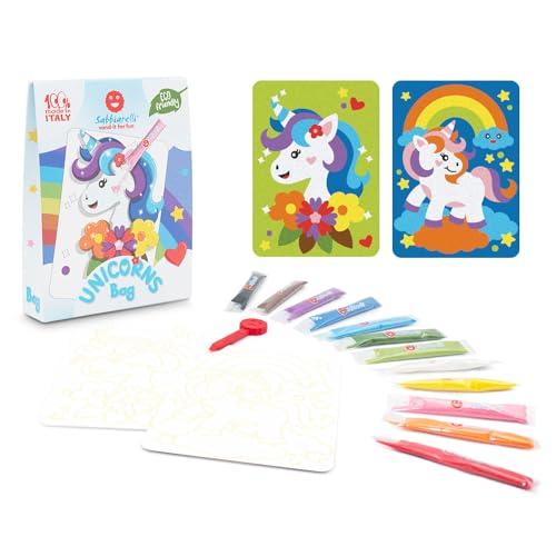 Sabbiarelli Sand-it For Fun - Bag Unicorns - Set Lavoretti Creativi: Colora con la Sabbia gli unicorni, 12 colori, Regalino di Compleanno Bambini Anni 5+