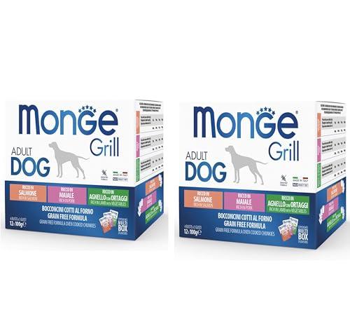 Monge Grill Adult Dog Multibox, Grain Free, Bocconcini Cotti al Forno, Salmone, Maiale, Agnello con Ortaggi, 24 Bustine da 100 g