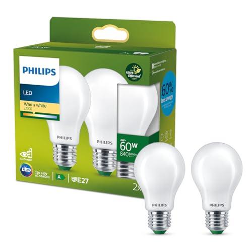 Philips LED Lampadina a Goccia Smerigliata Classe A Ultra Efficient E27 60W Luce Bianca Calda (2 Pezzi)