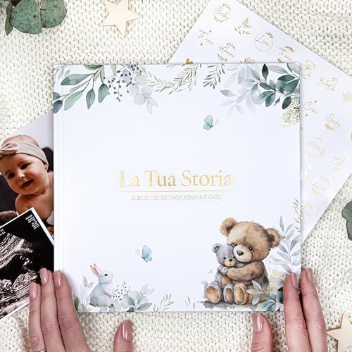 Wellode® Album Nascita Bambino/a Fino a 5 Anni con Adesivi ORO - Libro Nascita Bimbo/a con 76 Pagine - Tanto Spazio per Foto e Ricordi - Design Unico ed Elegante Ideale per Regalo Nascita Neonato