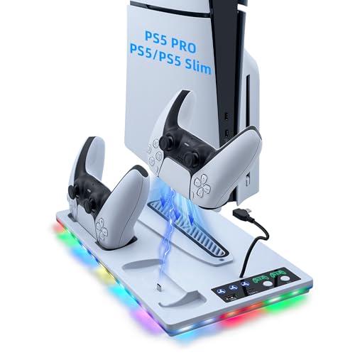 Tolesum Supporto Verticale con Raffreddamento per PS5/PS5 Pro/PS5 Slim e Stazione di Ricarica per Controller